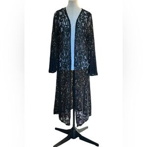 Vintage Objex Black Lace Long Open Duster with Bell Sleeves Sz xl